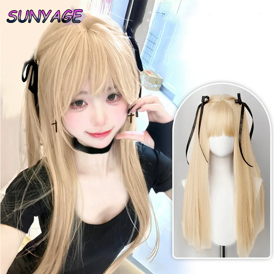 

SUNYAGE Synthetic Long Straight Lolita Wig with Bangs Wig Girl Cute Ombre Pink Blonde Cosplay Party Halloween Harajuku Wig