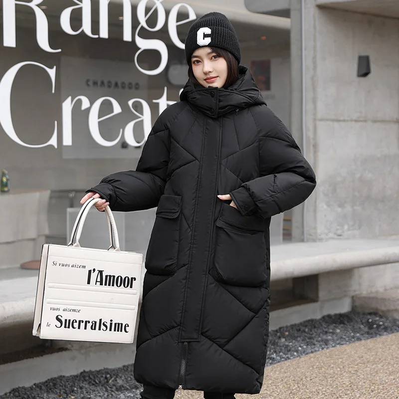 Women Parkas Coat Mid Length Solid Jacket Detachable Hooded Zipper Pocket Long Sleeve Loose Thick Office Lady Casual 2025 Winter