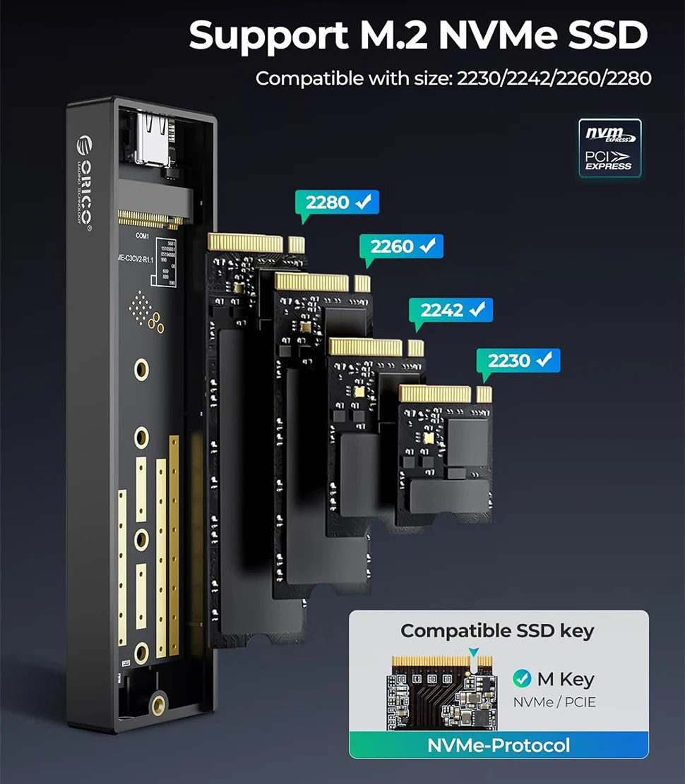 ORICO M.2 SATA NVMe Enclosure 10Gbps External SSD Case Type C USB A 3.2 Gen 2 Hard Drive Disk Cover M2 2230 Storage Box House