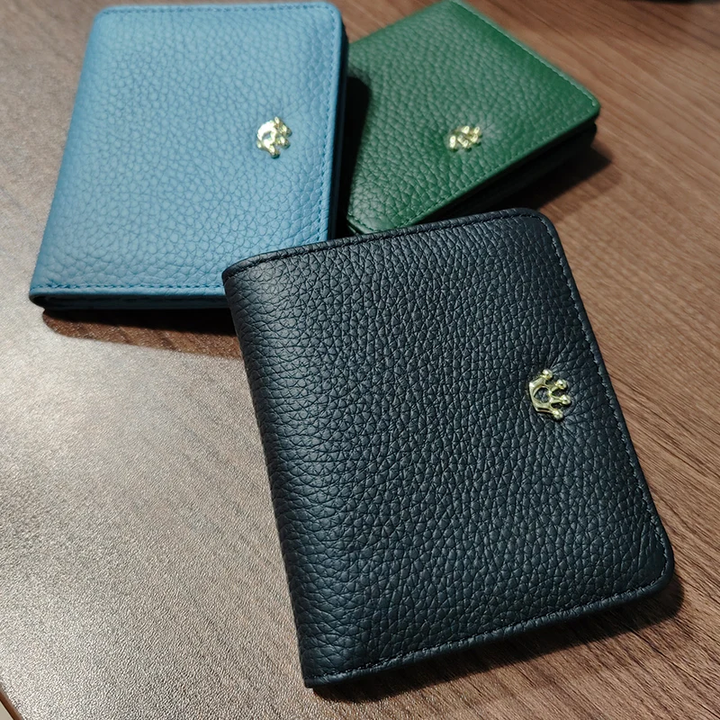 2023 New Ladies Elegant Crown Button Short Wallet Genuine Cow Leather Hasp Bil-fold Purse ID Card Holders Money Bag Wallet