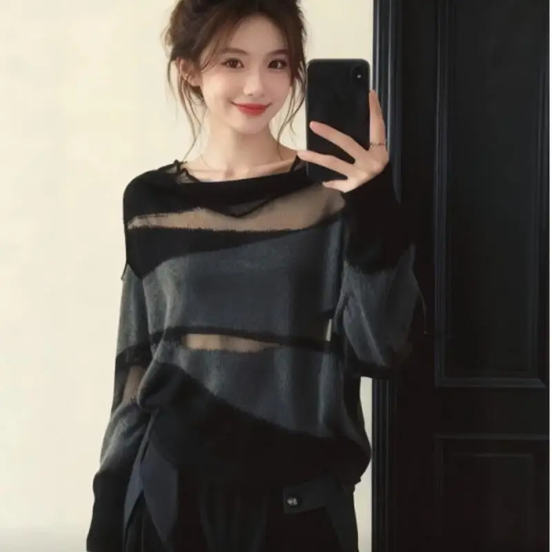 Bestselling Spring Autumn New Fashion Women Clothing Korean Mesh Splicing Casual Loosedesign Trendyknitted Longsleeve Tshirttops