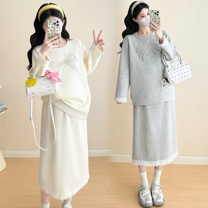 Pregnant Autumn Sweatshirt Set Slim Fit Korean Style Lace Patchwork Top And High Waist Maternity Support Skirt Two Piece Set