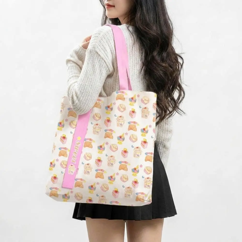 Cute Cartoon Pattern Canvas Bag Large Capacity Floral Shoulder Bag Versatile Reusable Lunch Bag Work