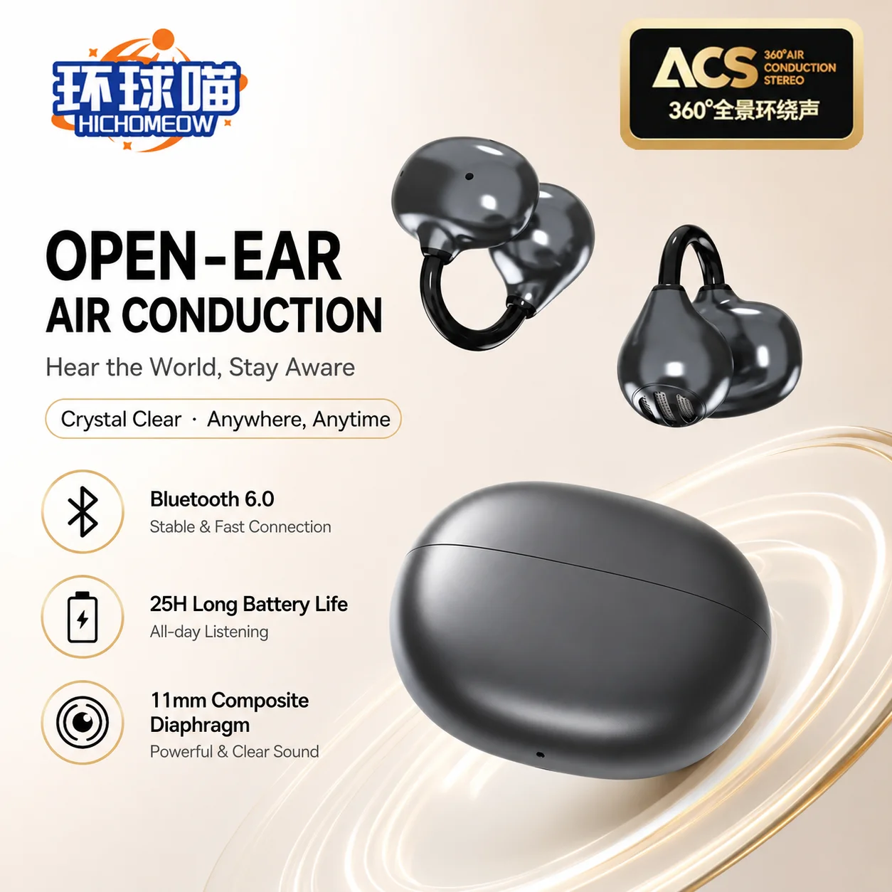 Auriculares J70 con Clip para la Oreja, Auriculares Inalámbricos de Oreja Abierta, Bluetooth 6.0, Auriculares Deportivos con Clip, Auriculares para Correr y Ciclismo, Auriculares HiFi para Música