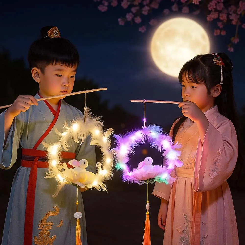 اليدوية الأطفال أرنب فانوس يده متوهجة أوسمانثوس زهرة الفوانيس النمط الصيني مضيئة ريشة الأرنب مصباح