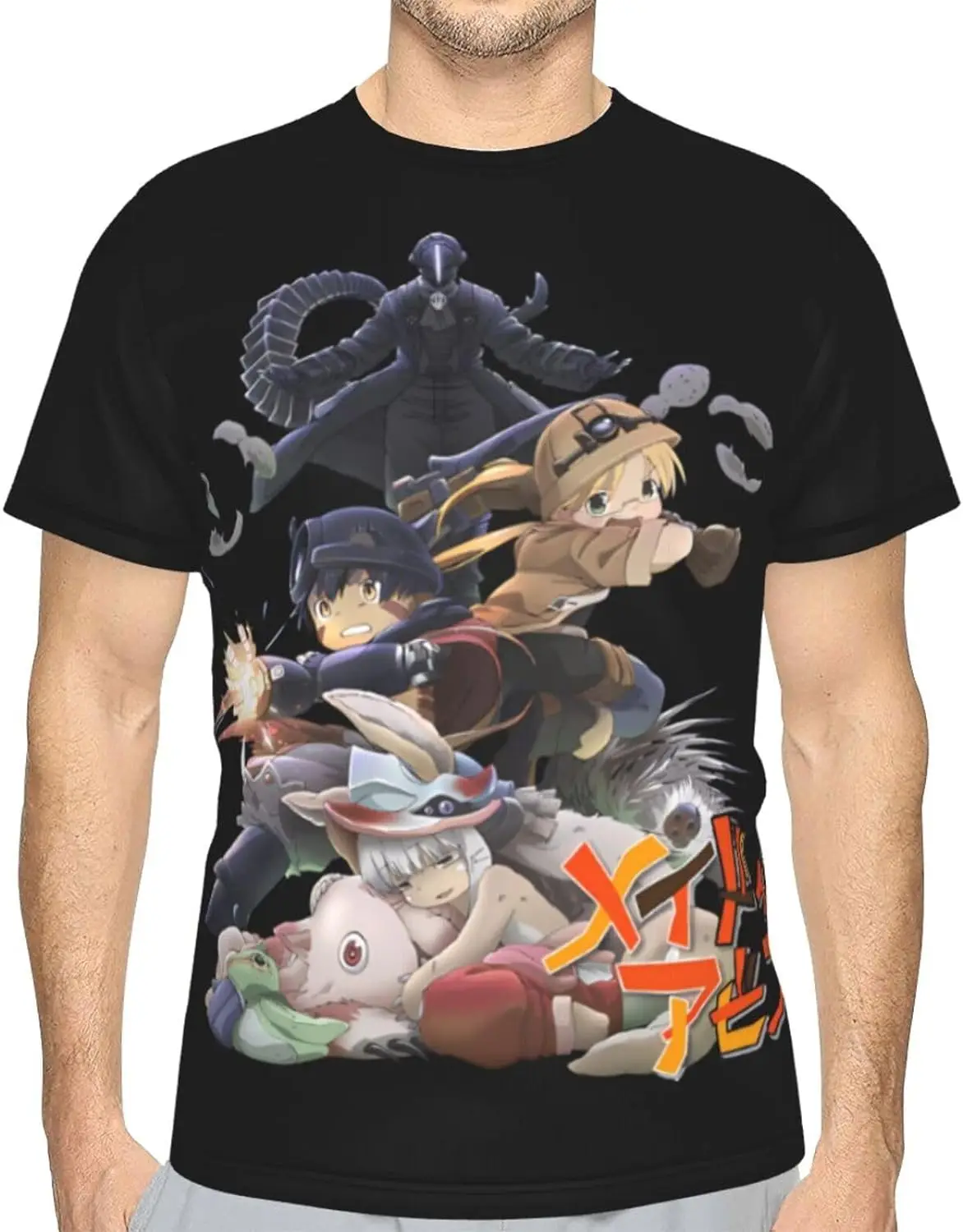 Made Anime in Abyss Shirt Men's Polyester Crew Neck Short Sleeve T-Shirt Double Sided Full Print Sweatshirt Tops Black