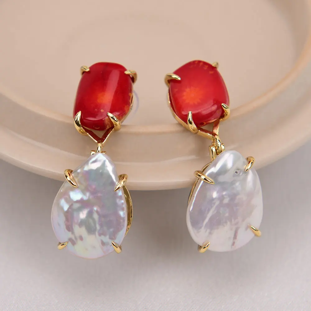 GG Cultured White Coin Keshi Pearl Gold Plated Red Coral Stud Dangle Earrings Party Jewelry Gifts