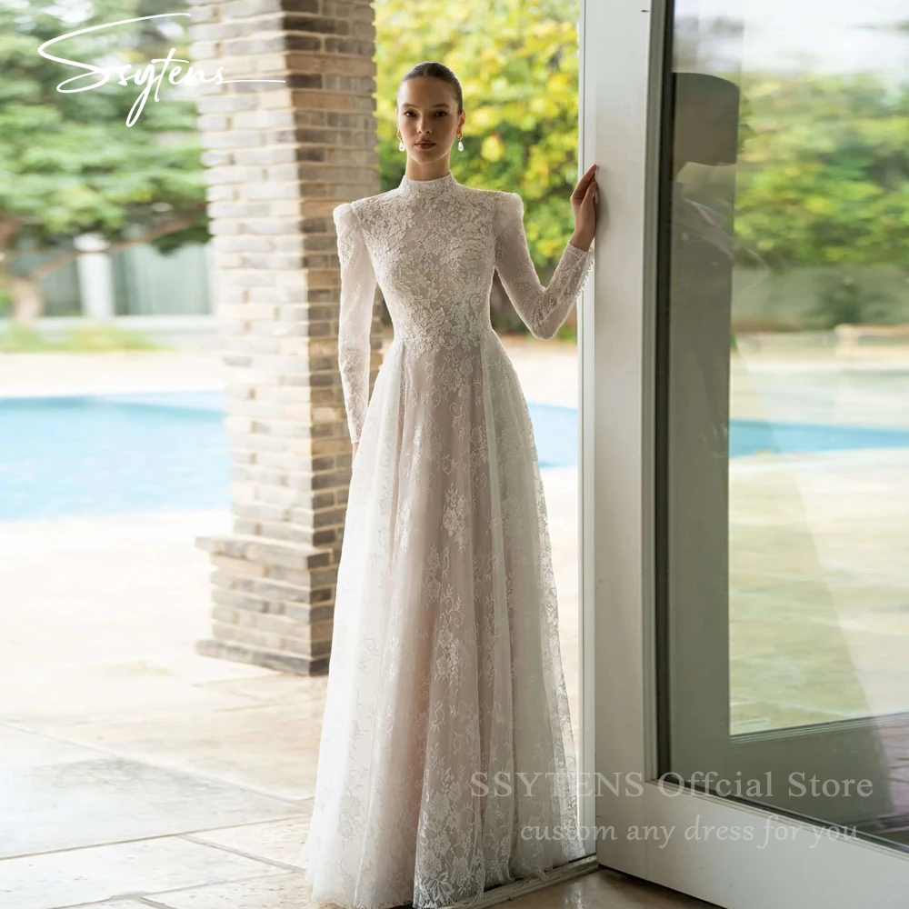 

SSYTENS Современные кружевные свадебные платья цвета слоновой кости с высоким воротом и длинными рукавами, свадебные платья, женские платья невесты, платья de novia по индивидуальному заказу