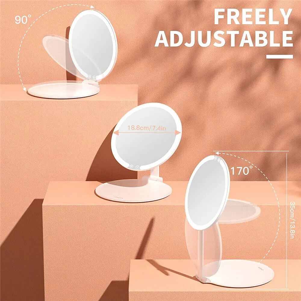 Portable Foldable LED Travel Mirror 3 Colors Rechargeable Vanity Makeup Mirror