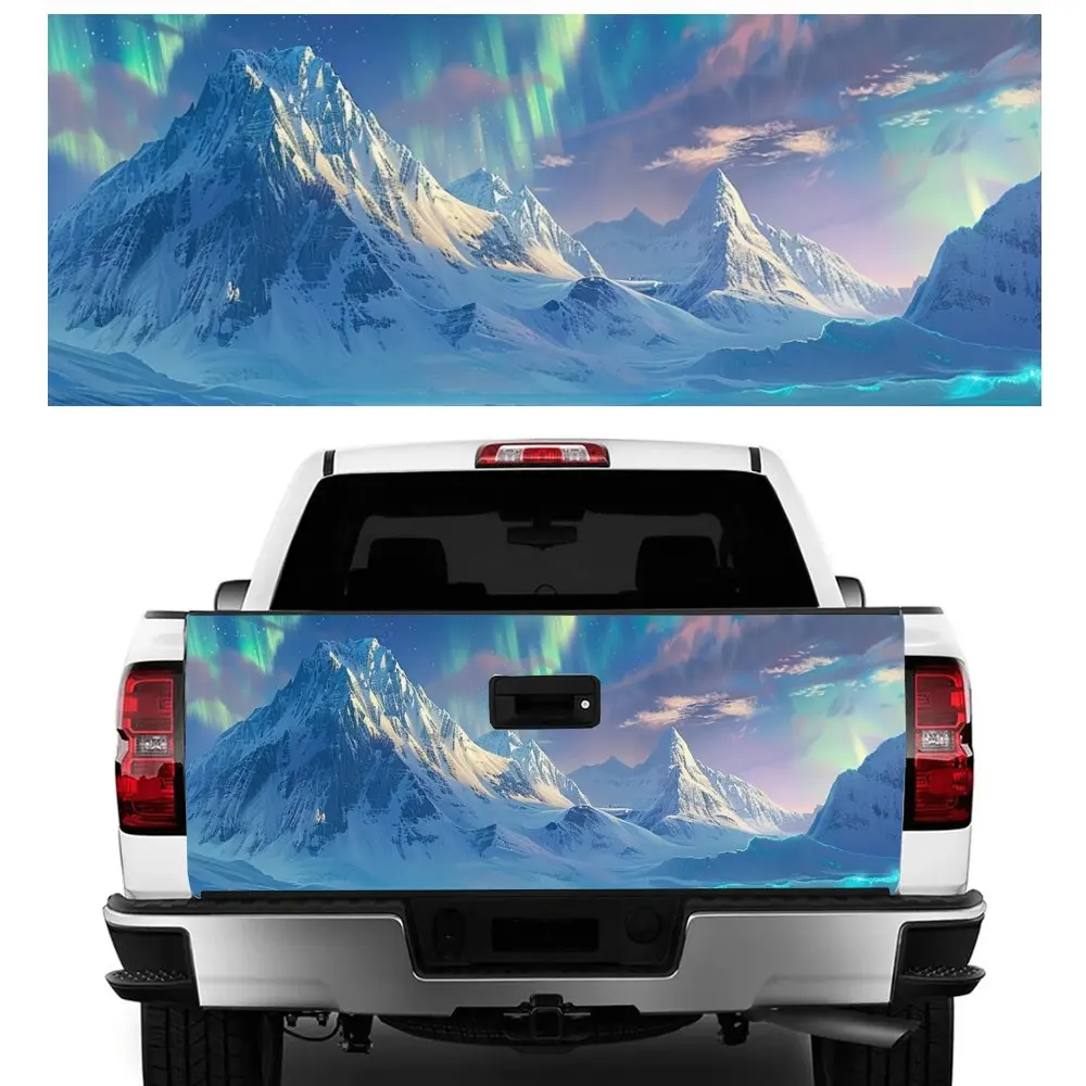 Green Aurora Snow Mountain Print Car Tail Trunk Protect Vinly Decal Auto Accessories Hood Decoration Sticker for Off-road Pickup