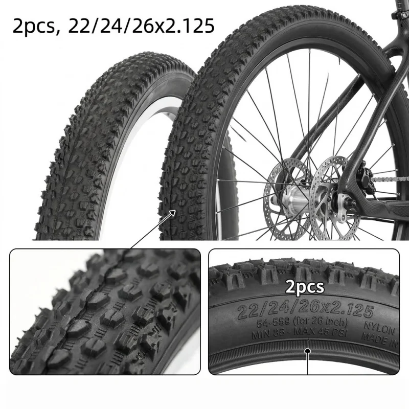 2Pcs MTB Bike Tires 22 24 26 X 2.125 Cycling Outer Tyre Small Knobby Anti-Slip Mountain Bicycle Replacement Parts All Terrain