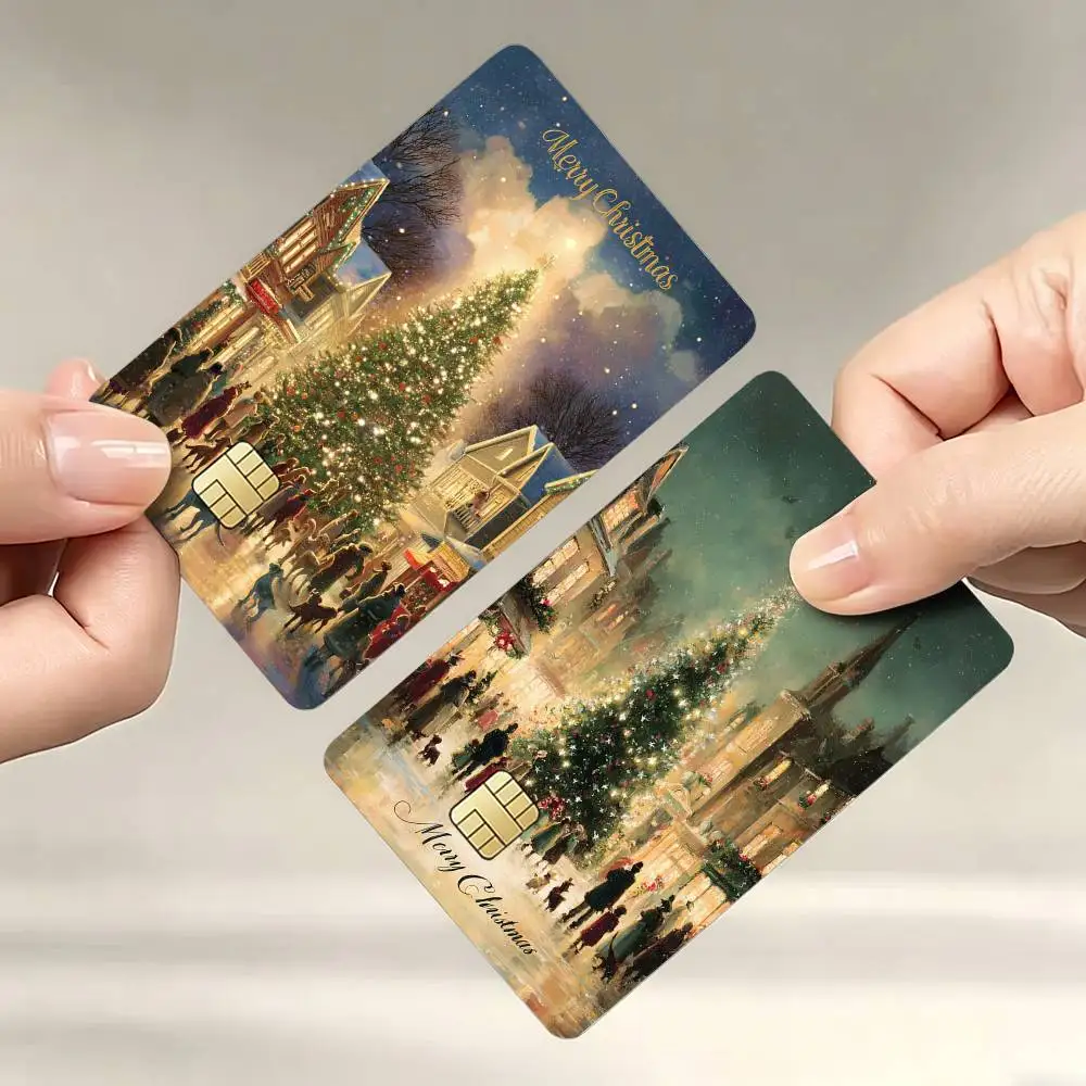 Dreamy Christmas Town Oil Painting Credit Card Skin Stickers For VISA Bank Bus Metro Access Card Protective Film Cover Sticker