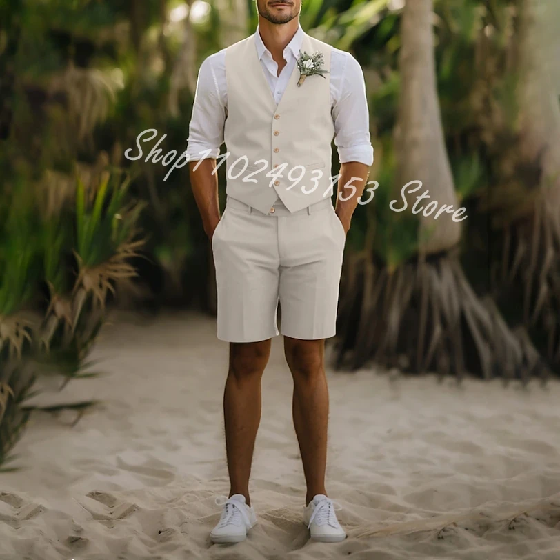 

Men's Wedding Linen Suits Vest Shorts Fashion Groomsmen Suits Beige 2 Piece Waistcoat Shorts Casual Summer Costume Homme