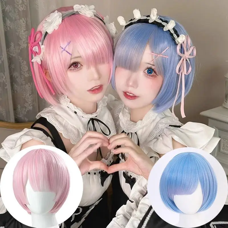 

Synthetic anime Ramrem wig pink blue cosplay bob wig natural inner buckle cute female twins heat-resistant wig