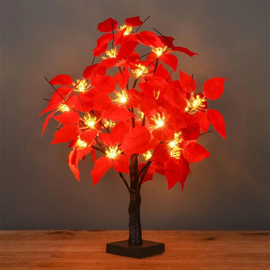 Árvore de flor de poinsétia artificial iluminada de 60cm, árvore de natal operada por bateria, árvore de poinsétia para decoração de férias