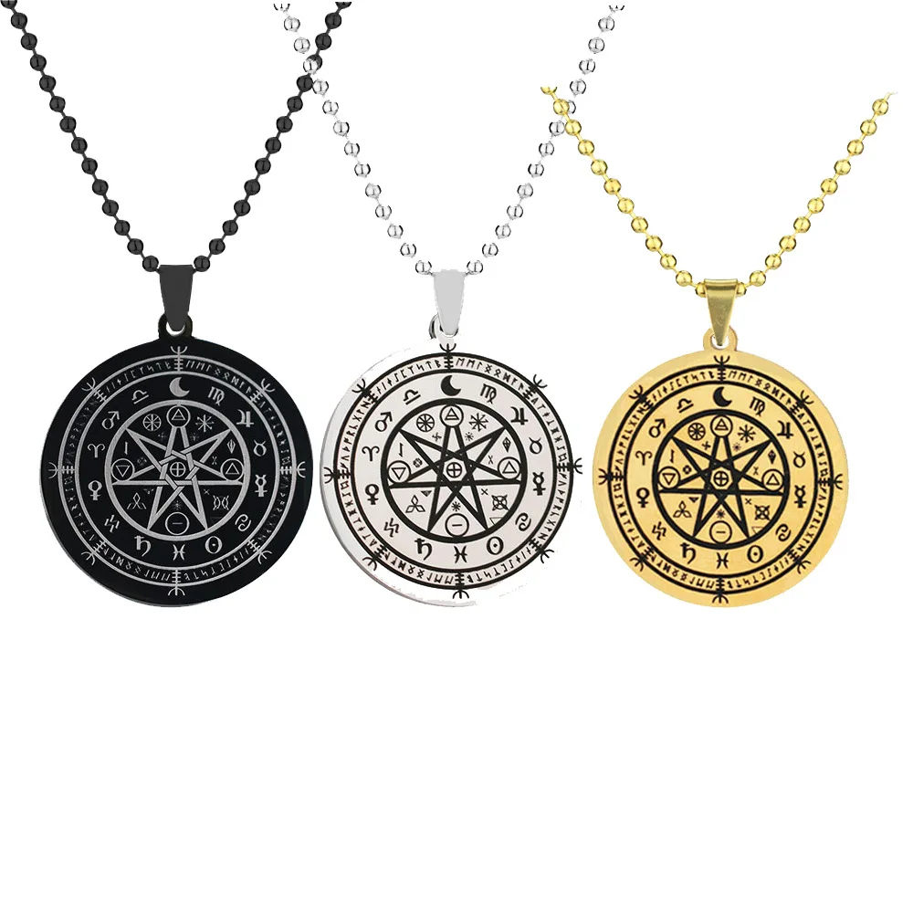 Septagram Alchemy Amulet Pendant Necklace for Men Women Stainless Steel Witchcraft Talisman Charms Long Chain Jewerly Wholesale