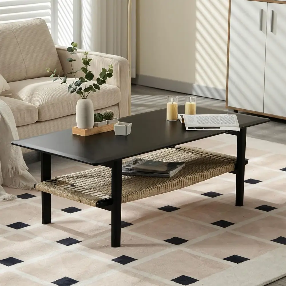 

Rattan Storage Coffee Table, Black Woven Living Room Centerpiece with Shelves