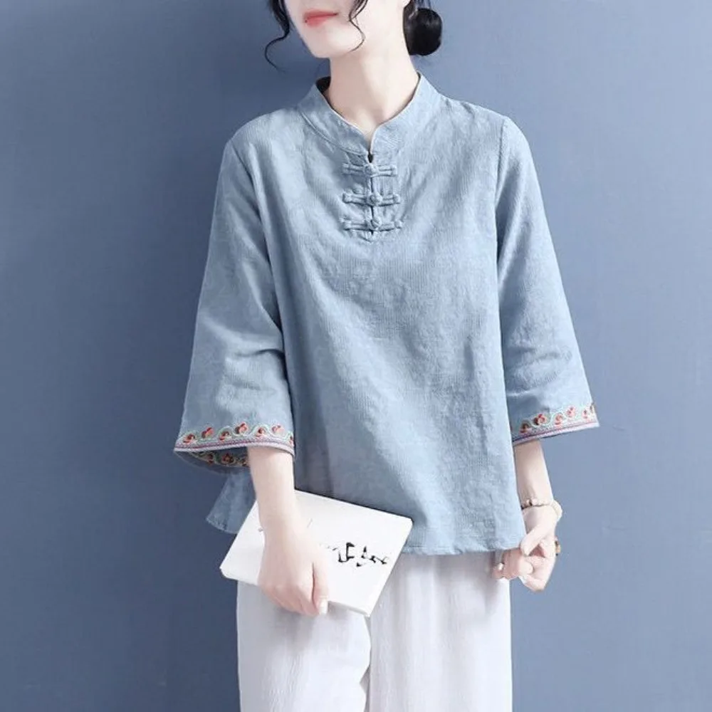 Women's 2026 Spring Summer Cotton Linen Jacquard Embroidery Shirt, Chinese Style Retro Frog Button Stand Collar Short Top