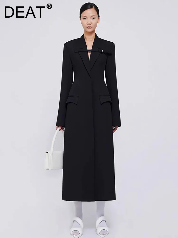 DEAT Suit Dress Notched Collar High Waist Solid Color Shoulder Pad Women's Elegant Dresses 2024 Autumn New Fashion 13DB4256