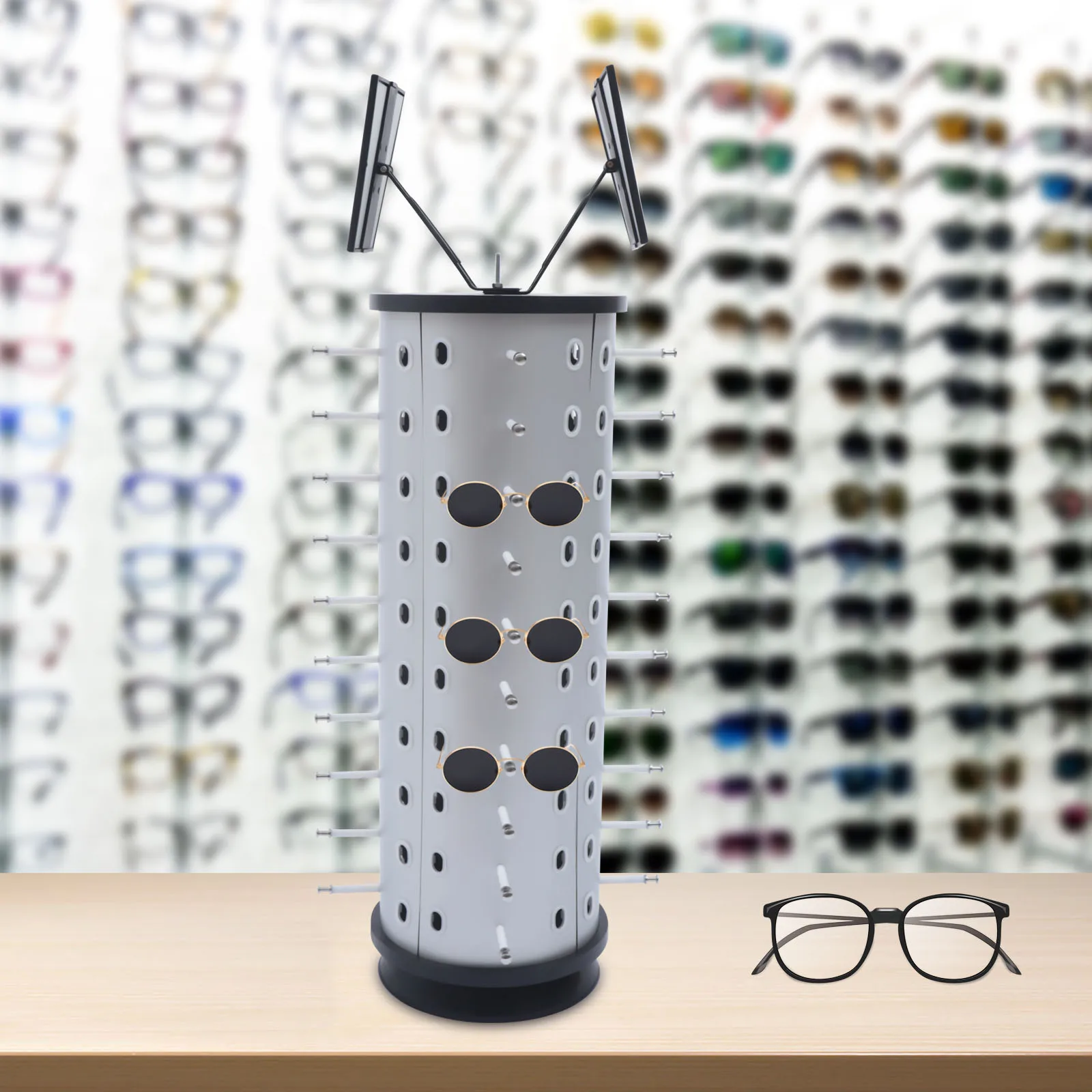 Detachable Counter Top Sunglasses Display Stand 360° Rotating With Two Mirrors Fashionable Retail 40 Pairs Eyeglass Storage Rack