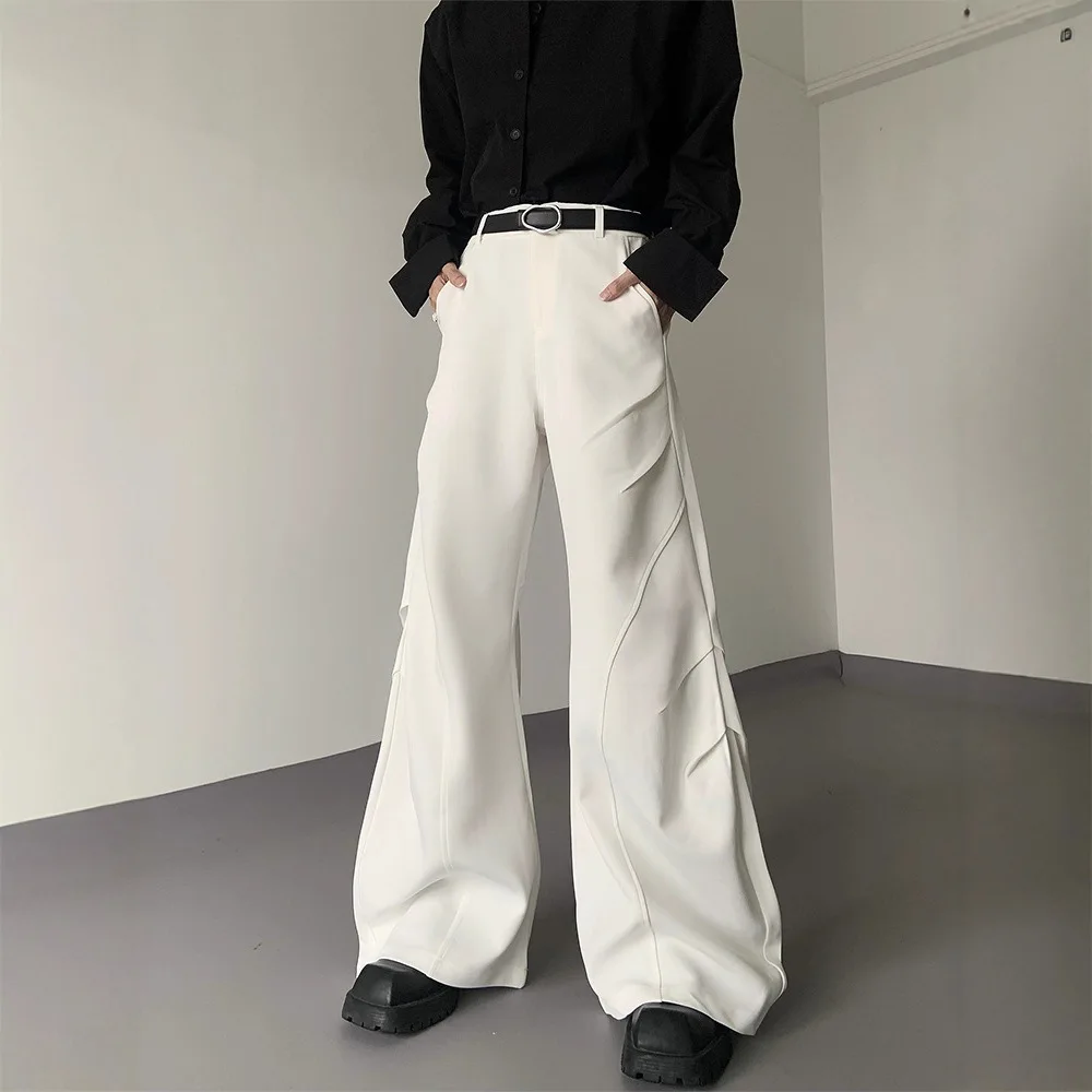Design Sense White Splicing Vertical Pleated Scimitar Pants Men's Autumn Senior Pants