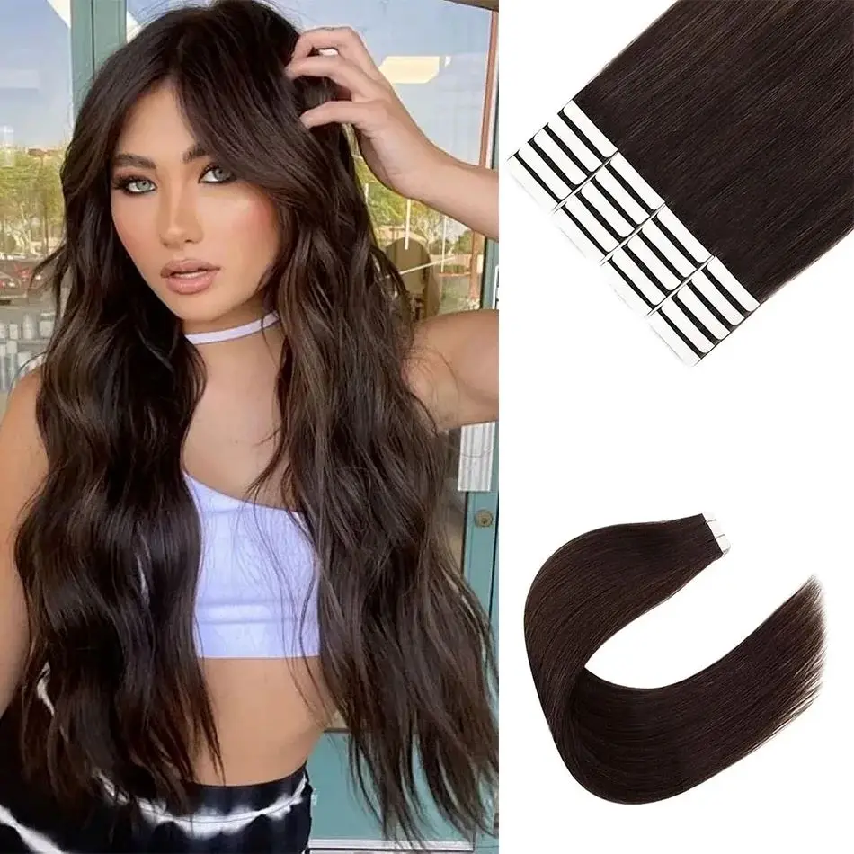 Tape In Hair Extensions Human Hair 2 Dark Brown Straight 100% Human Hair 16-26inch 20pcs Straight Tape in Hair Extensions 50G