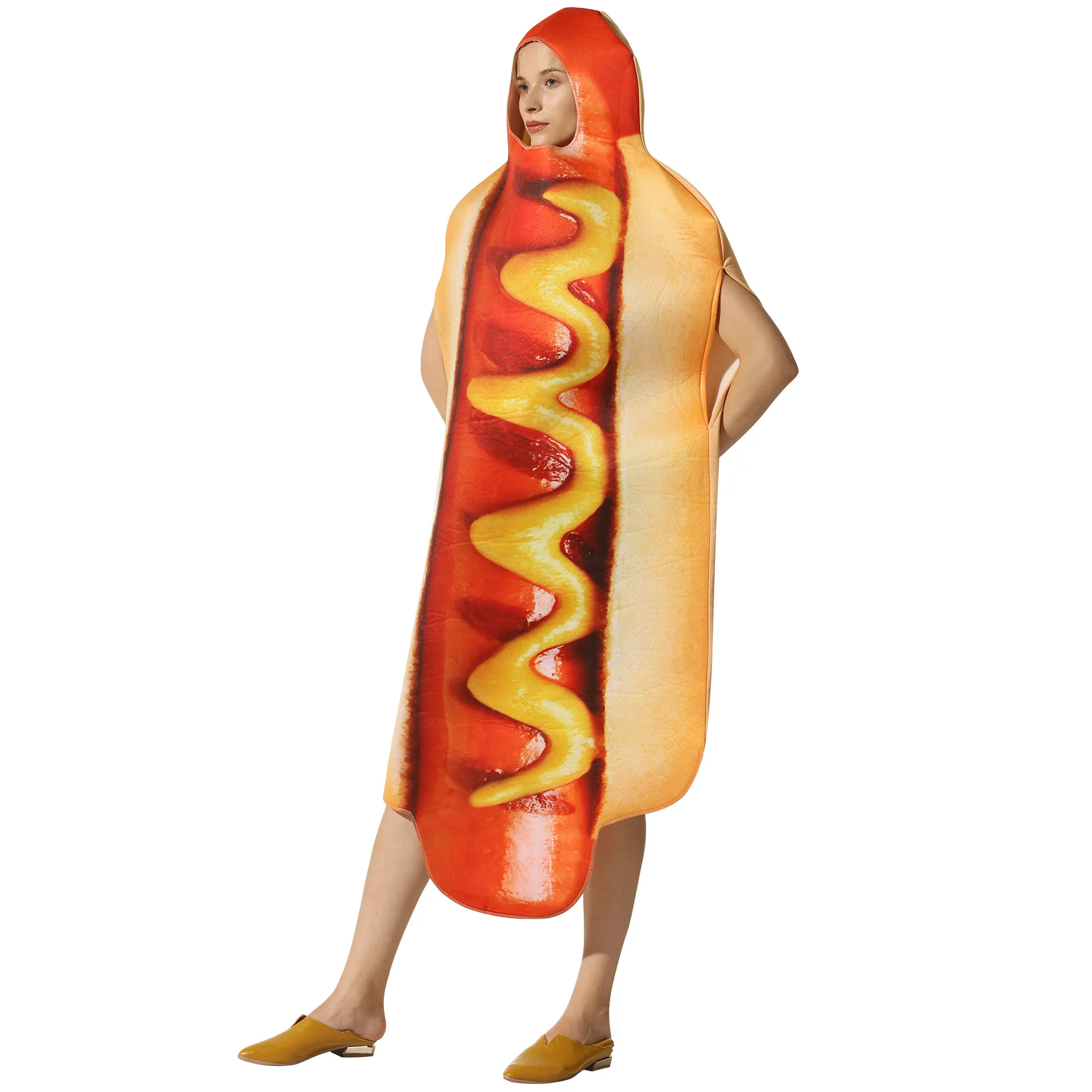 Traje de cachorro quente para homens e mulheres, vestido de festa Halloween, trajes cosplay, bodysuit, performance de palco, engraçado, unissex