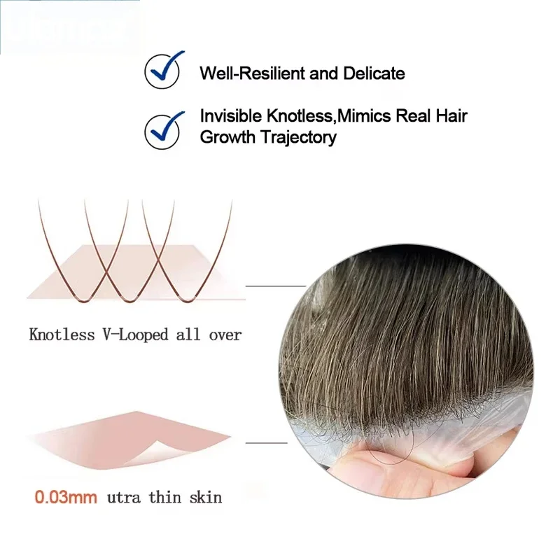 0.03 رقيقة جدا الجلد الشعر المستعار غير قابلة للاكتشاف الرجال الشعرية الاصطناعية شعر مستعار واقعي رجل الشعر البشري نظام الشعر Microskin للرجال #2
