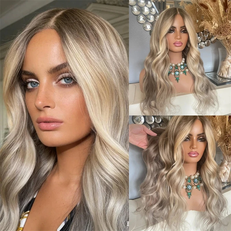 Ombre Ash Blonde Brown Highlights Synthetic HD Lace Front Wig with Roots HD Invisible Transparent Lace Wig Heat Resistant Fiber