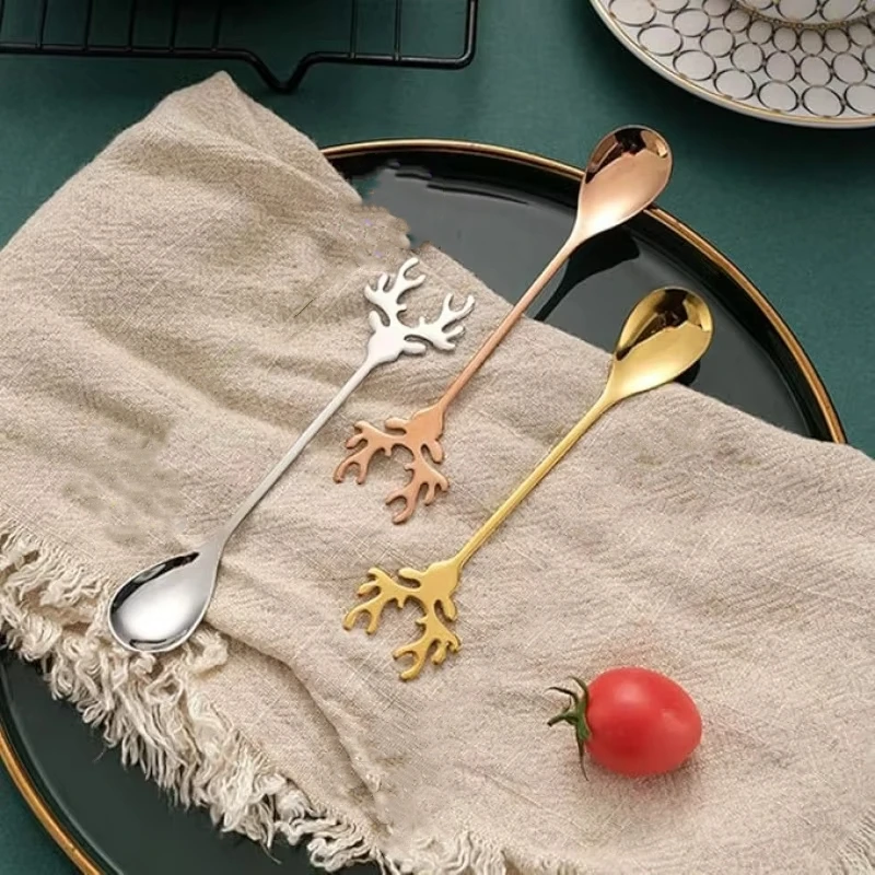 10pcs Coffee Spoon Creative Antler Shape Stainless Steel Coffee Spoon Dessert Spoon Ice Cream Teaspoon Christmas Deer Antler Sti