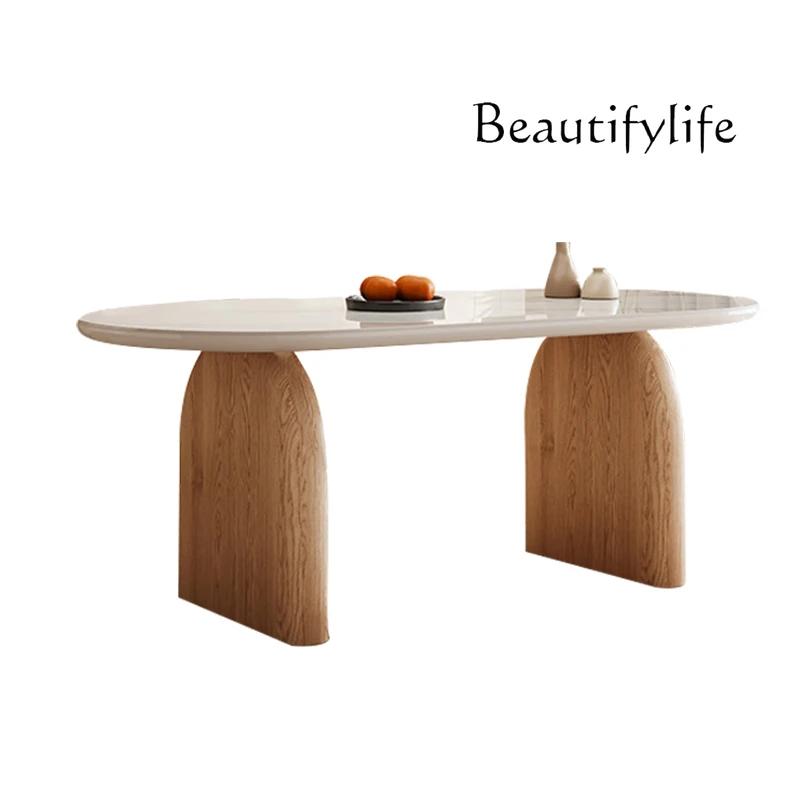 

Nordic rock slab dining table household small apartment modern simple oval Japanese cream style