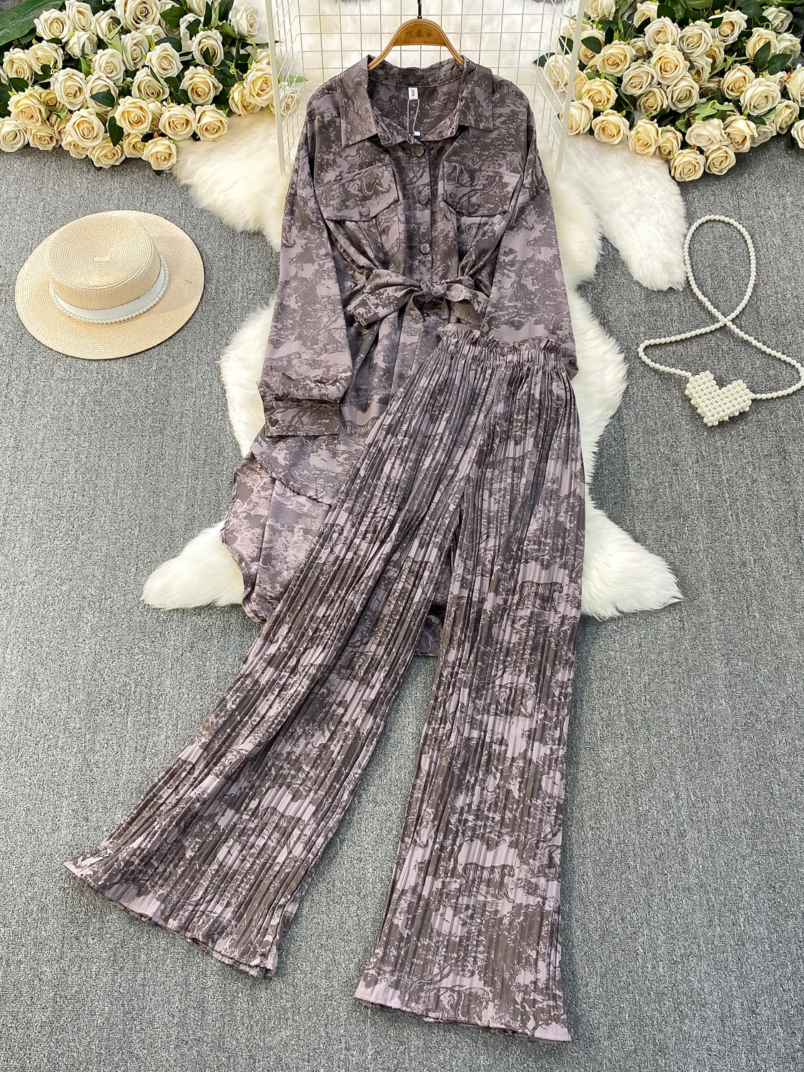 

Elegant Floral Print Midi Coat Bottom Covering Shirt Set Casual Pleated Flared Pants Fashionable Women's Autumn Spring Outfit