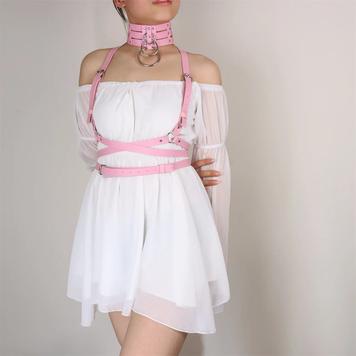 Pu Leather Pink Necklace Collar Women's Backband Punk Belt Sexy Tight Backband Bdsm Chest Cage Gothic Decoration