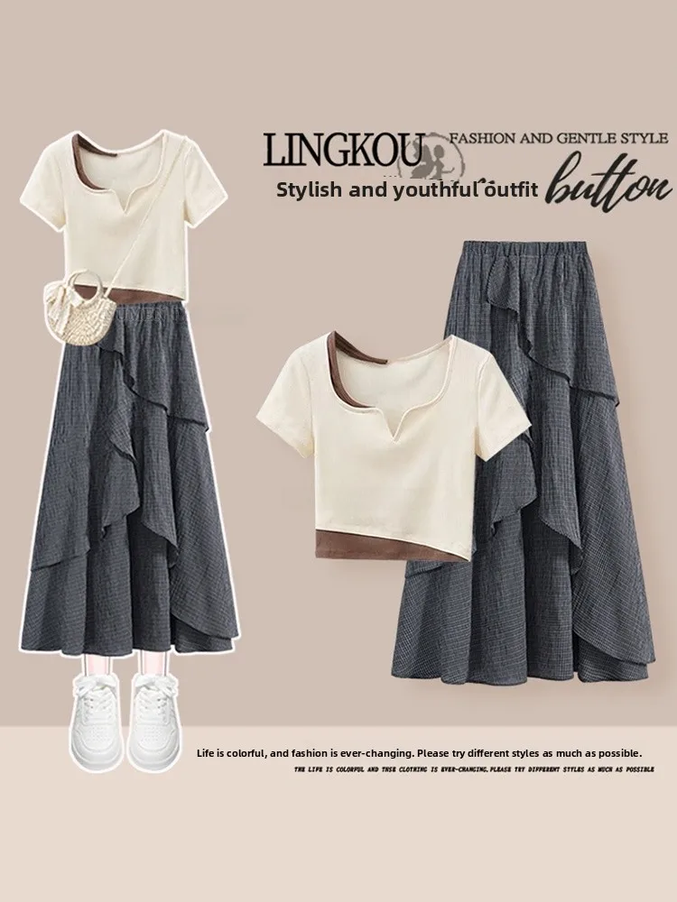 

Летний модный комплект в корейском стиле: уникальная женская футболка с цветовыми блоками и асимметричная юбка с оборками, комплект из двух предметов