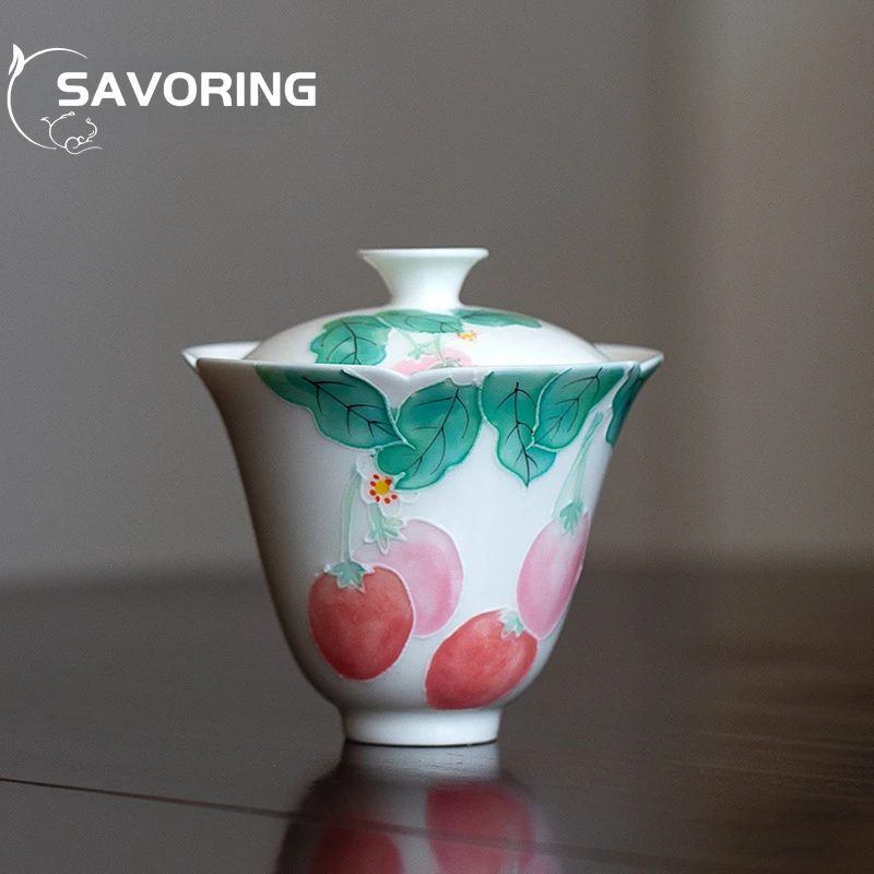 

125ml Carving Gaiwan Ceramic Tea Bowl Lid Set Hand Painted Strawberry Master Cup Exquisite Tea Tureen Kung Fu Teaware Drinkware