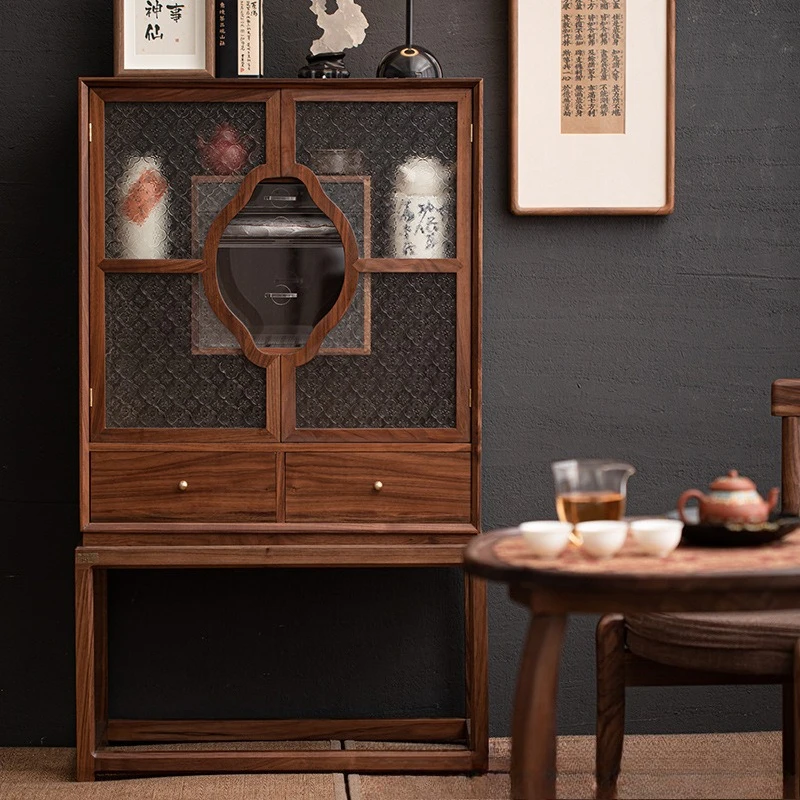 Walnut Chinese-style bay window balcony cabinet, porcelain display cabinet, Pu'er tea cake storage cabinet, floor-length