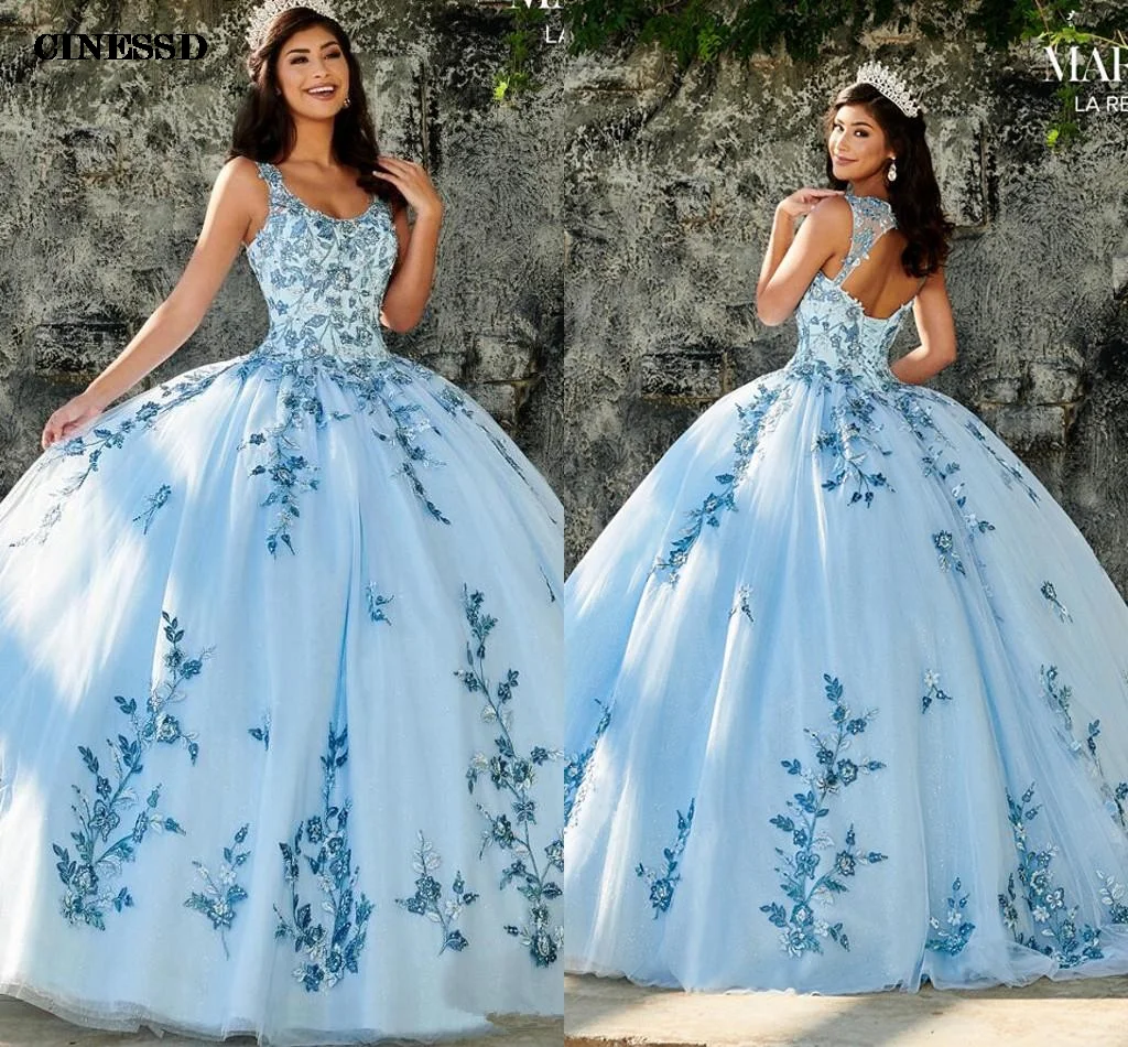 

2022 Sky Blue Cheap Quinceanera Dresses Ball Gown Scoop Neck Appliques Beads Sweet 16 Tulle Princess Party Gowns