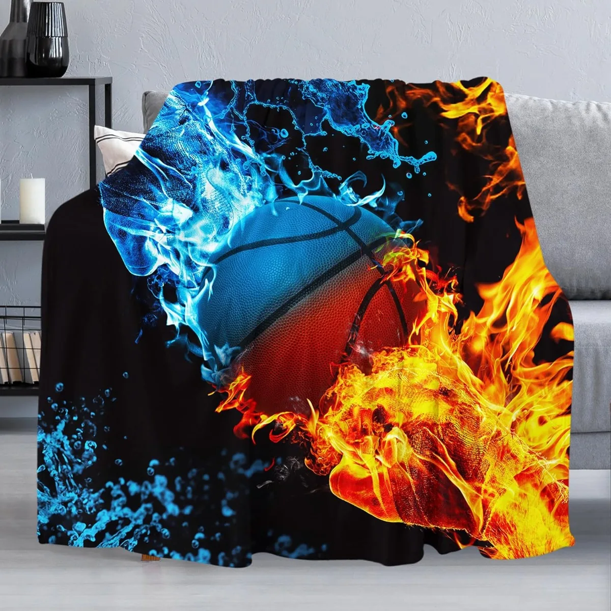 Fire & Ice Basketball  Blanket for Couch, Lightweight Warm Blanket Cozy Soft Flannel Blanket, Decorative Fuzzy Throws for Sofa