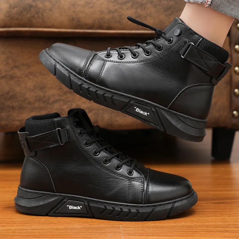 Men's casual leather boots size 2025 men's British men's boots with plush warm high top shoes