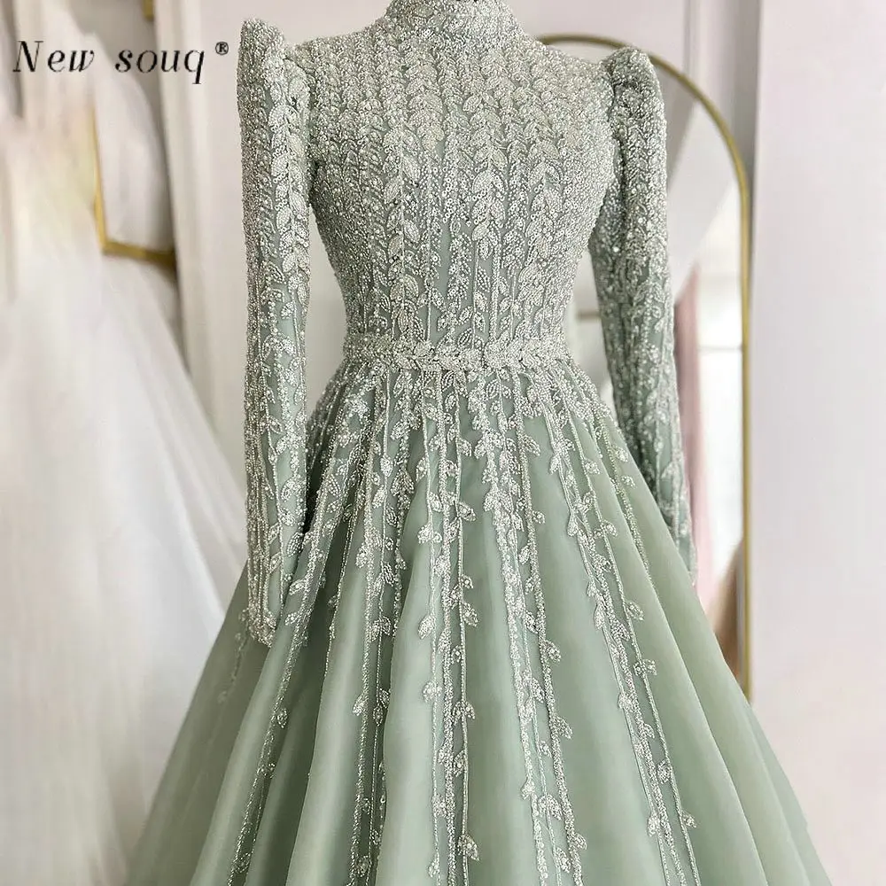 Dubai Arabic Sage Green A Line Beaded Evening Dresses Long Sleeves Muslim High Neck Formal Prom Pageant Gows for Women Weddings