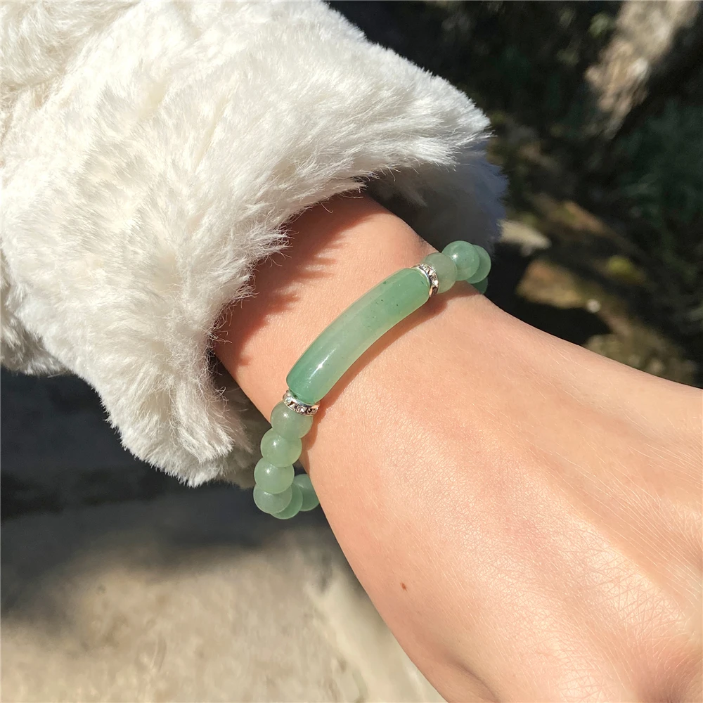 Rectangle Bar Connector Bracelets Handmade Natural Stone Tiger Eye Elastic Bracelets Healing Silver Color Heart Charm Bracelets