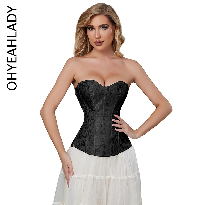 

Ohyeahlady Women's Black Off Shoulder Shaper 12 Pieces Plastic Bones Waist Trainer Exquisite Plus Size Sexy Corsets with Panties
