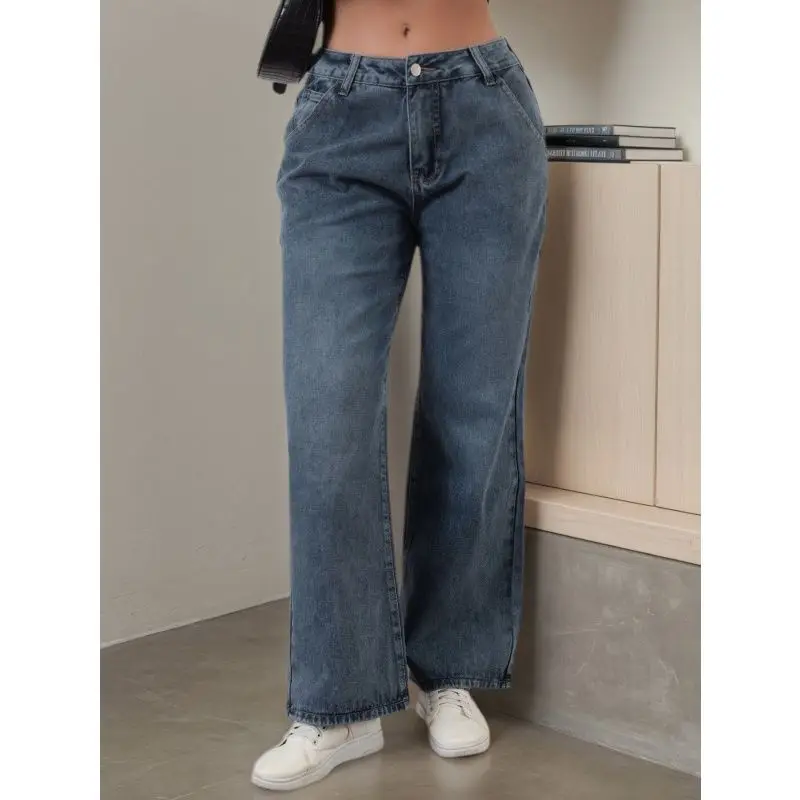 

Women's denim pants, American trend, dark blue, non stretchy, casual, versatile, slimming straight leg pants for all seasons