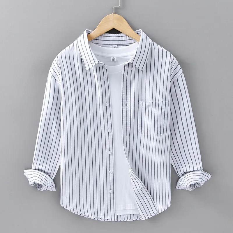 

3XL 100% Cotton Shirts for Men Autumn Fashion Loose Long Sleeve Vertical Striped Blouses Y2K Youth Male Tops Cityboys