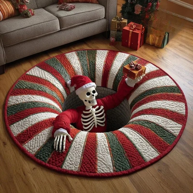 Christmas Round Area Rug Santa Skeleton Gnome Vortex Illusion Pattern Decorative Floor Mat for Living Room Bedroom Home Decor