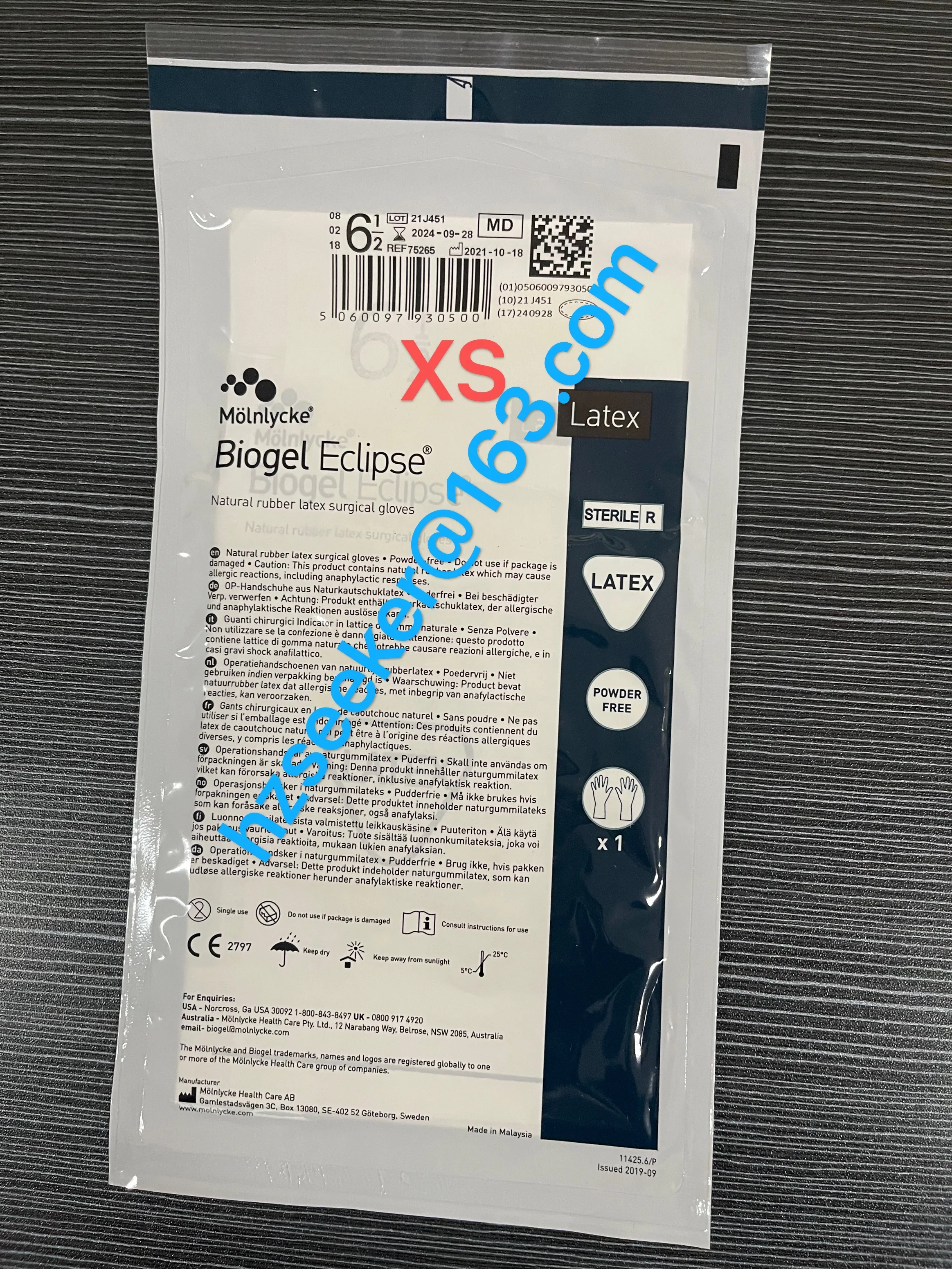 Biogel,®Biogel Eclipse-guante de látex, puño con cuentas, sin polvo, 29cm de longitud, 1 par