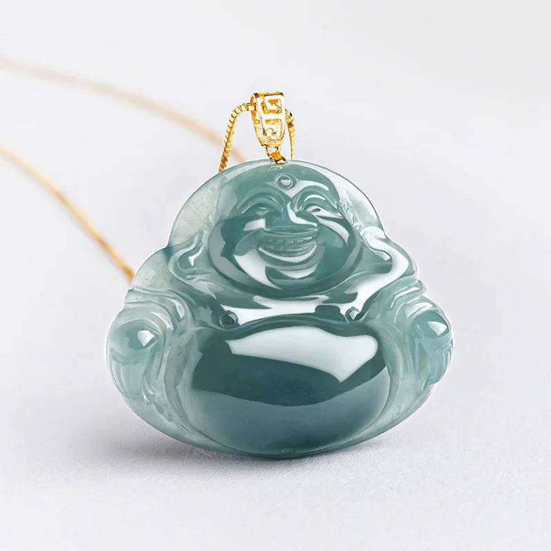 Genuine Goods Natural a Cargo Blue Buddha 18K Gold Inlaid Jade Stone Pendant Women's Necklace High-End