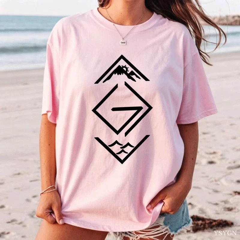Women Tshirt Geometric Mountain Ocean Art Print Short Sleeve O Neck Cotton Female Tops Nature Adventure Minimalist Casual Tee