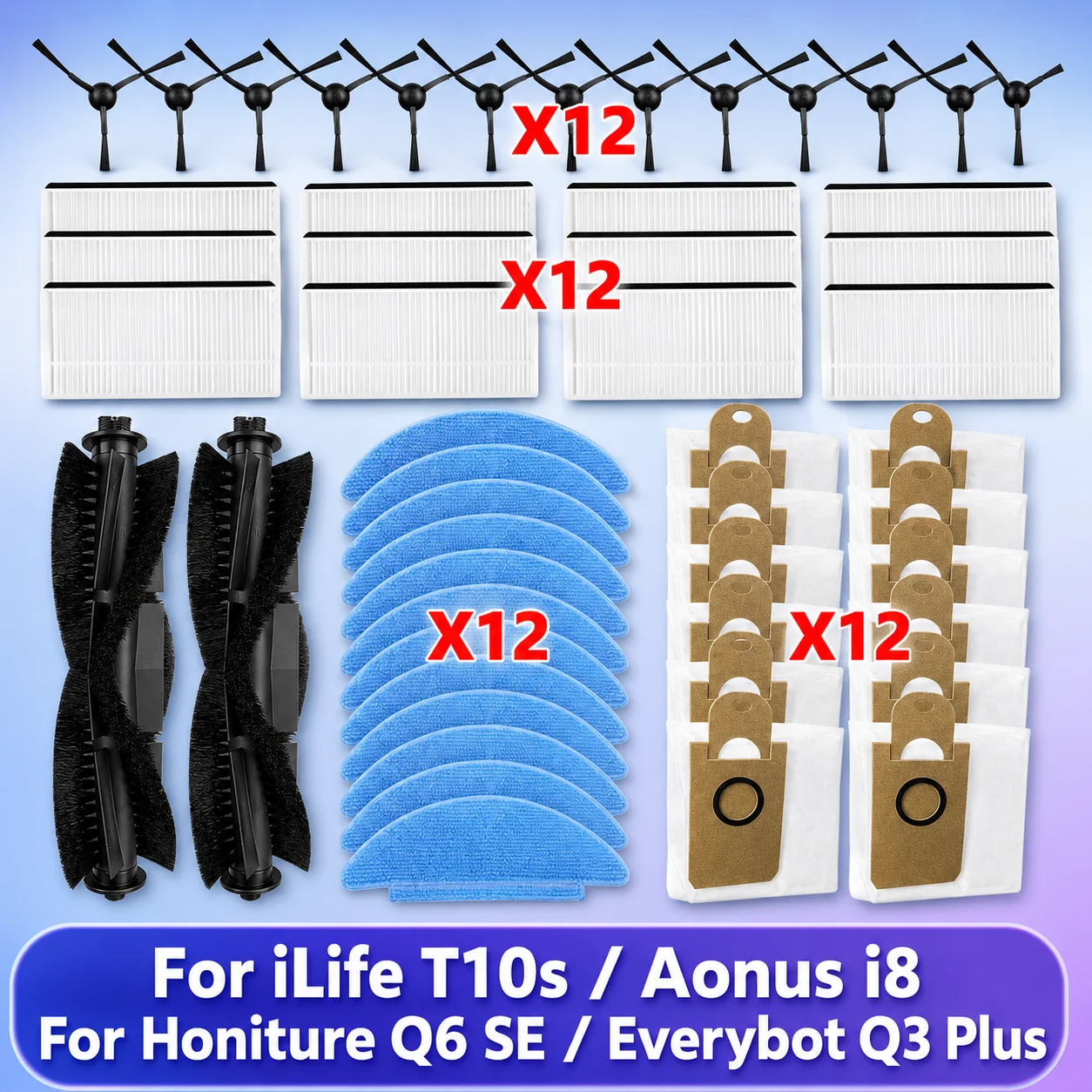 Fit For iLife T10s / Aonus i8 / Honiture Q6 SE CRV0009 / Everybot Q3 Plus Parts Main Side Brush Filter Mop Cloth Dust Bag