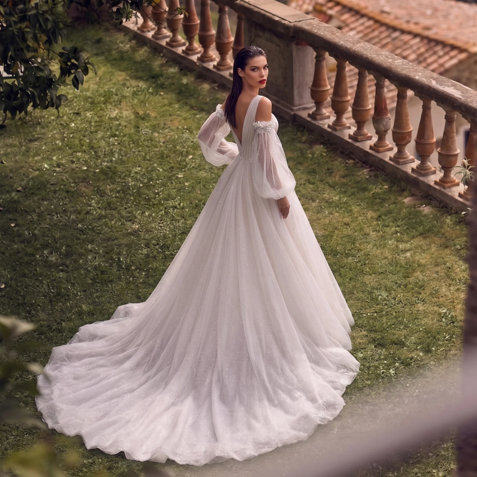 Sharon Said Sparkle Tulle Wedding Dress Deep V-Neck Detachable Long Puff Sleeves Lace Appliques A-Line Bridal Gowns SW708 Custom